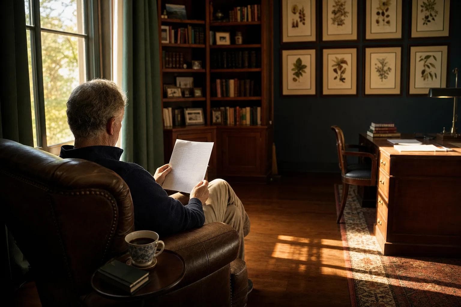 An older man in a leather chair in his home study at dawn, side profile turned three quarters away from the camera, reading a printed lab requisition sheet by soft golden window light, representing the morning a Singapore patient decides to talk to his doctor about prostate cancer screening.