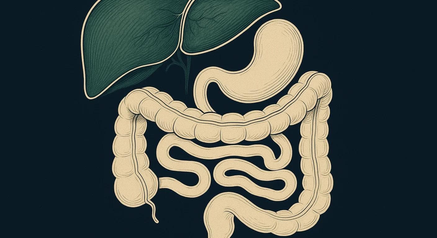 Editorial anatomical illustration for gut, digestive, and liver health topics.