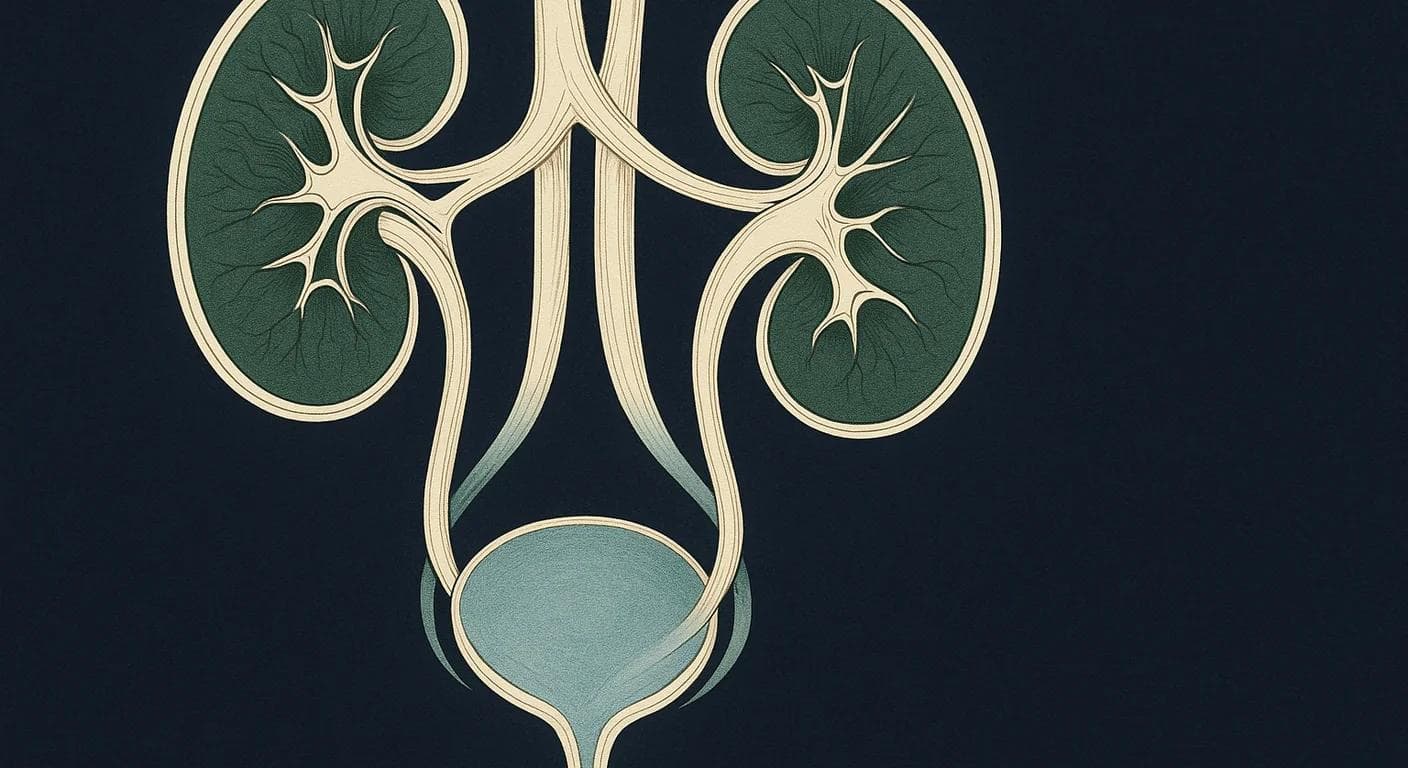 Editorial anatomical illustration for kidney, bladder, and urinary health topics.
