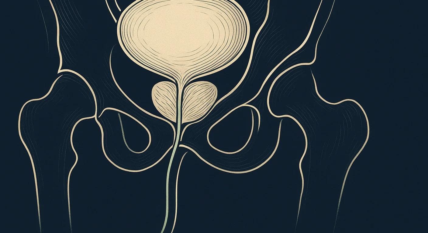 Editorial anatomical illustration for men's health topics in navy, cream, and forest green.