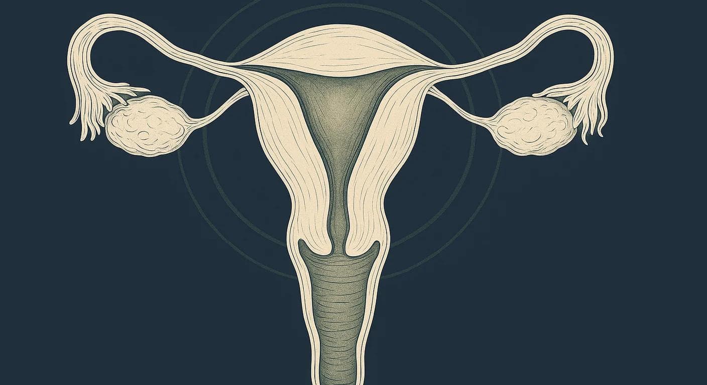 Editorial anatomical illustration for women's health topics in navy, cream, and forest green.