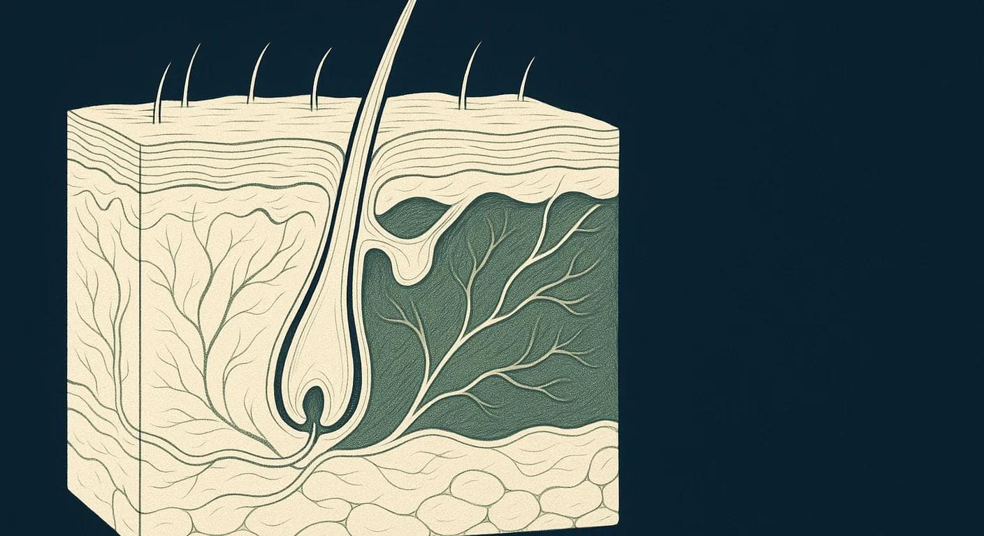 Editorial anatomical illustration for skin, hair, and aesthetics topics.
